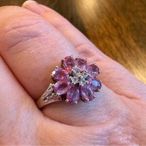 Pink & White Sapphire Floral Sterling Silver Ring Size 7